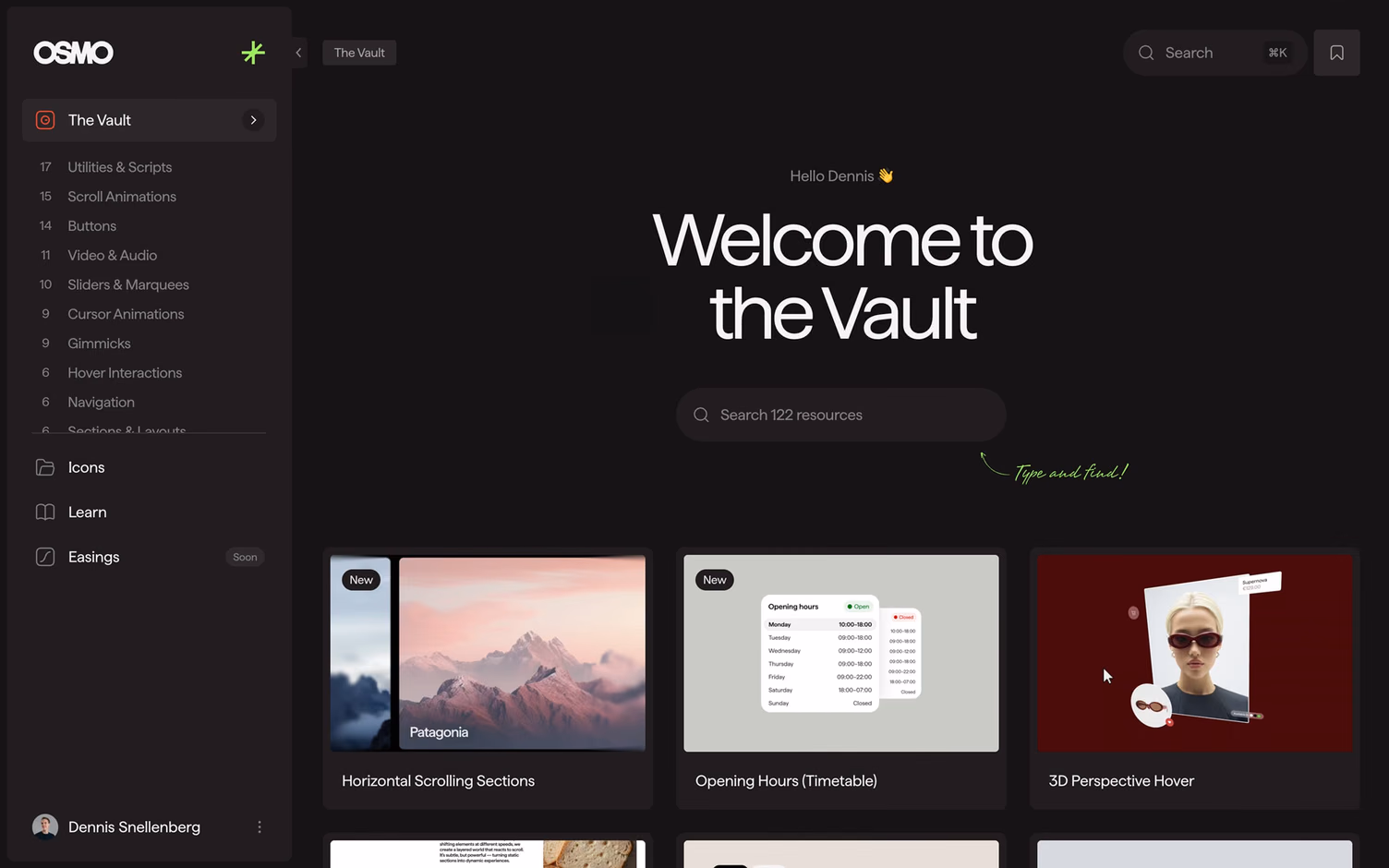 The Osmo Vault dashboard